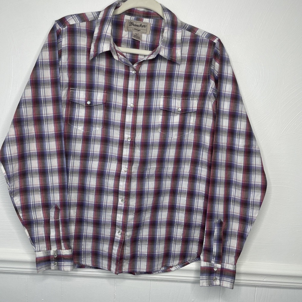 Wrangler Wrancher Western Pearl Snap Shirt Womens‎ XL Gray Red Blue Metallic